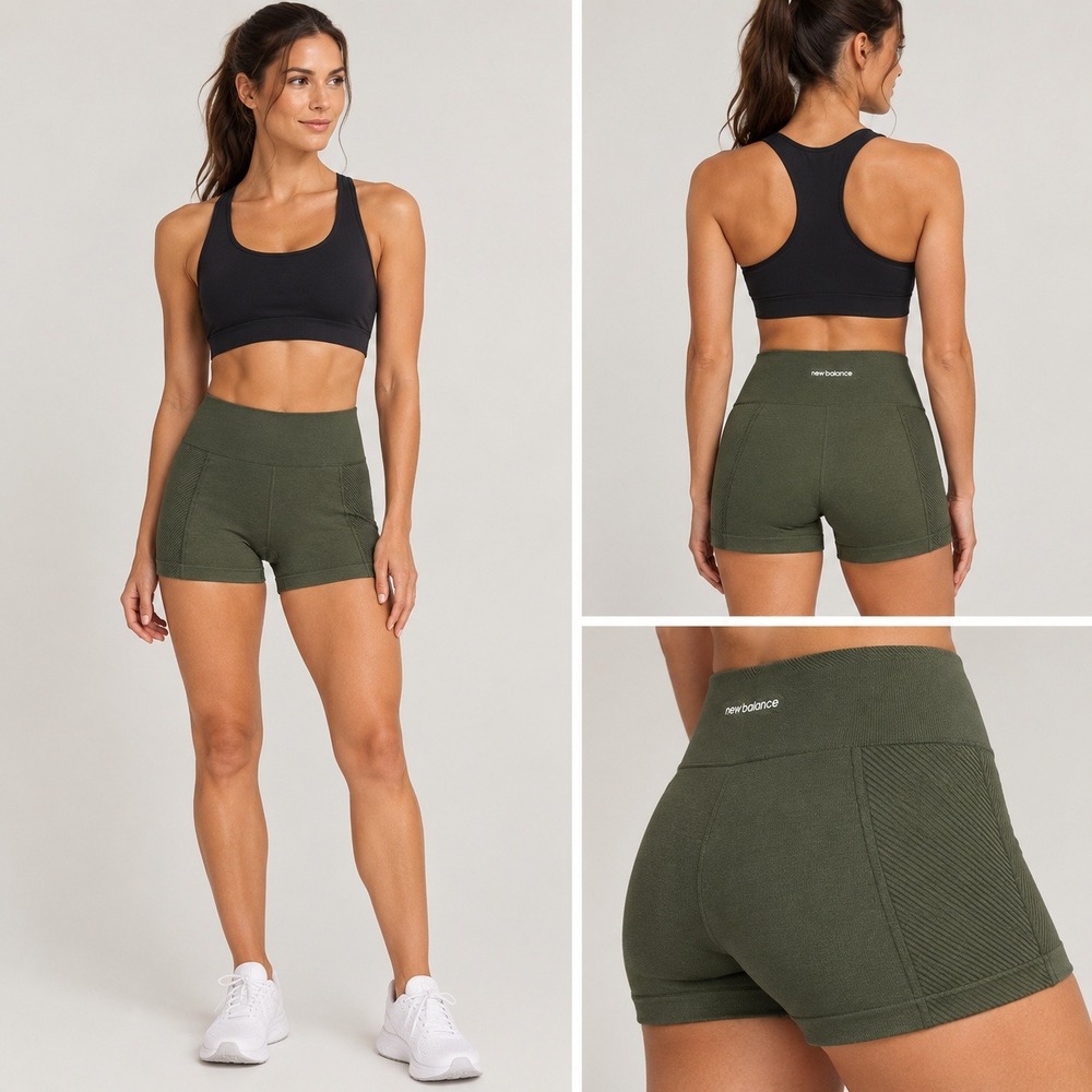 New Balance Olive Green Ribbed Biker Shorts Size Medium Seamless